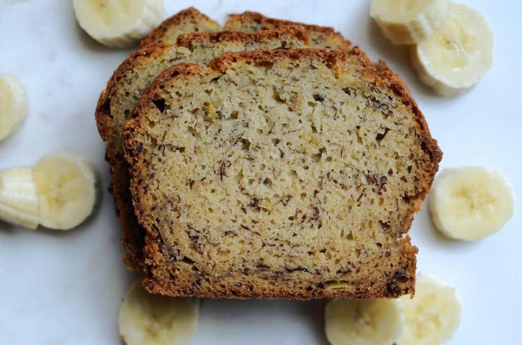 banana bread slices on white plate