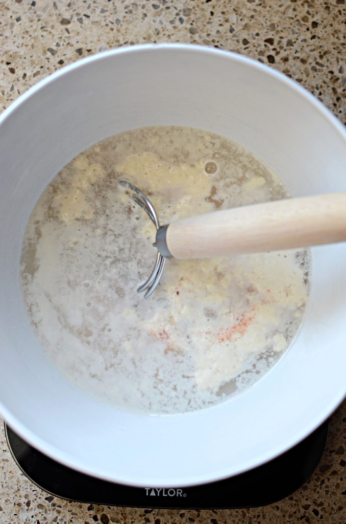 Starter, salt and water in white mixing bowl with dough whisk