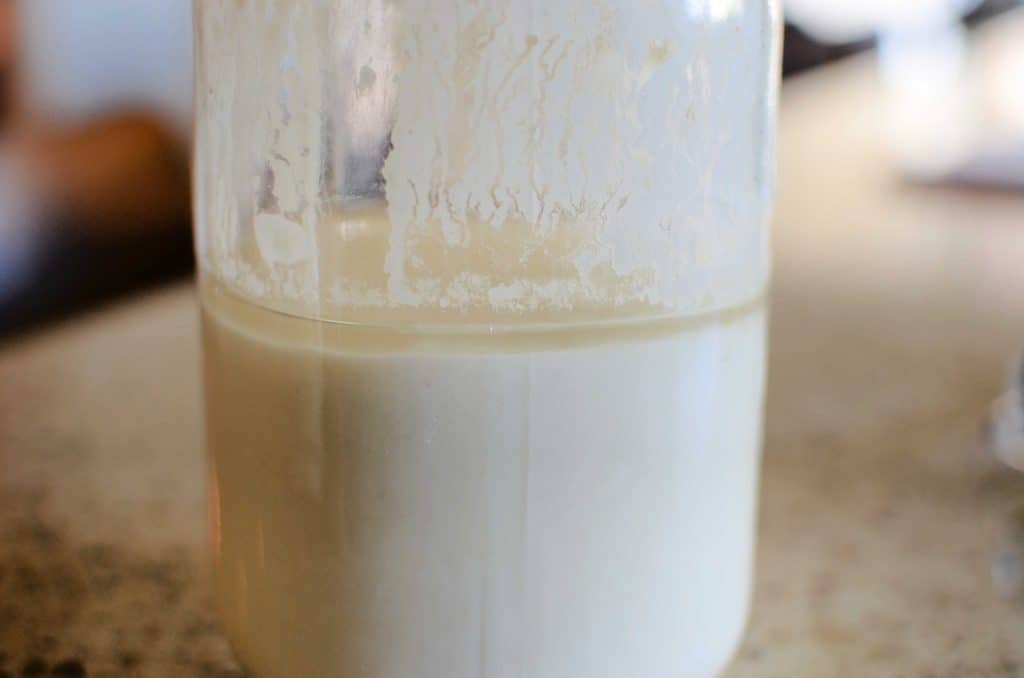 Sourdough starter with hootch on top in glass jar