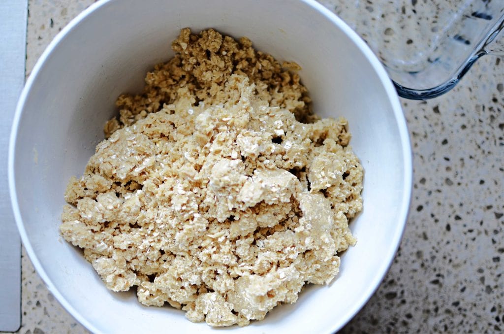 Crumble mixture in white bowl