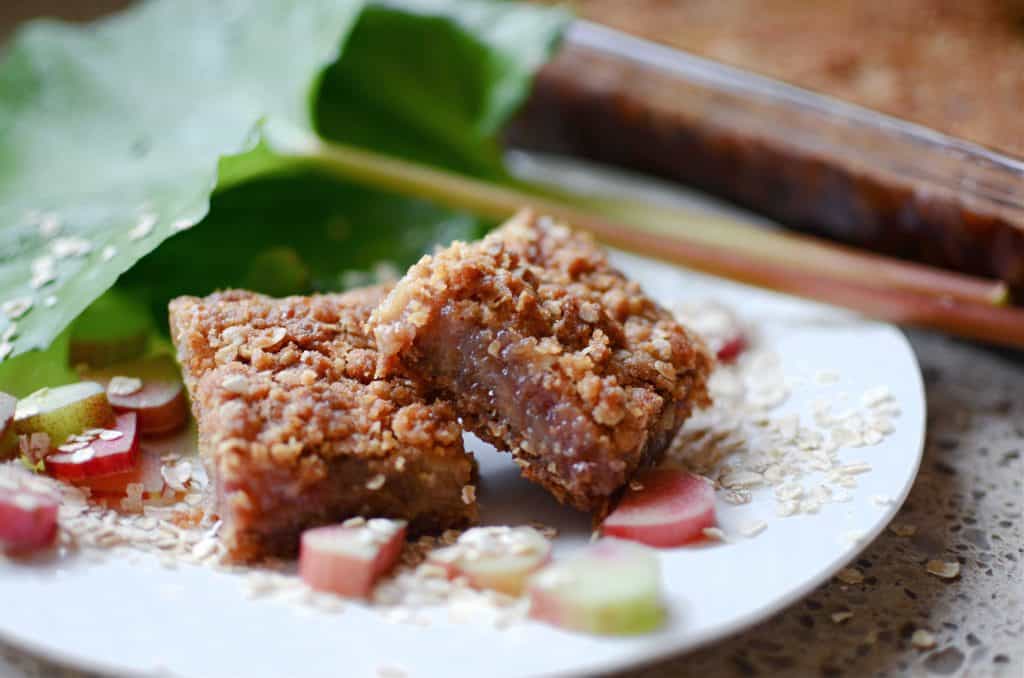 Two rhubarb bars on white plate with oatmeal and sliced rhubarb