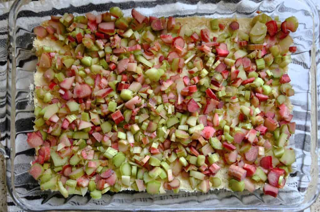 Rhubarb slices over the top of the crust for the bars.