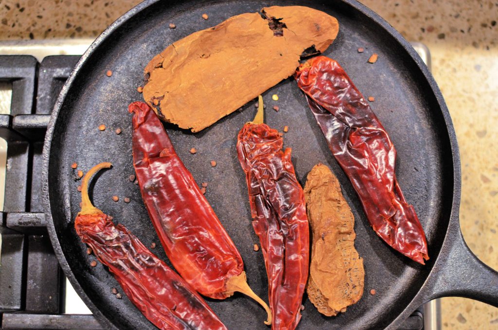 toasting chilies in cast iron pan