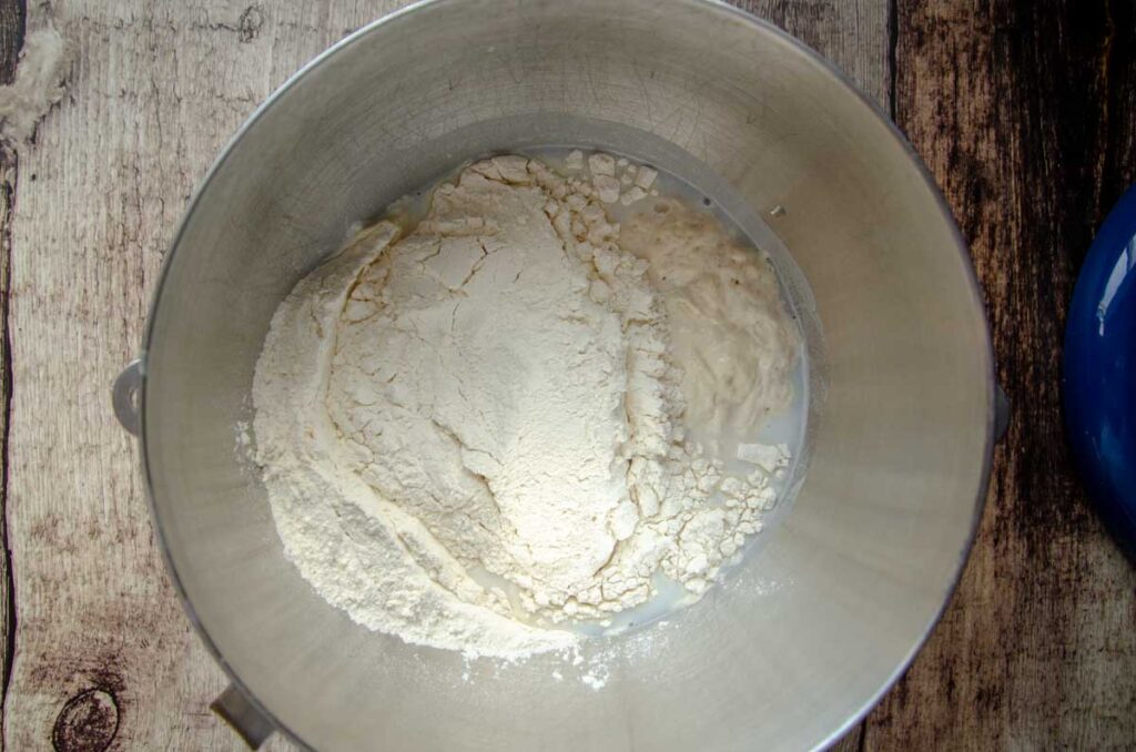 Ingredients for sourdough English muffins in metal bowl