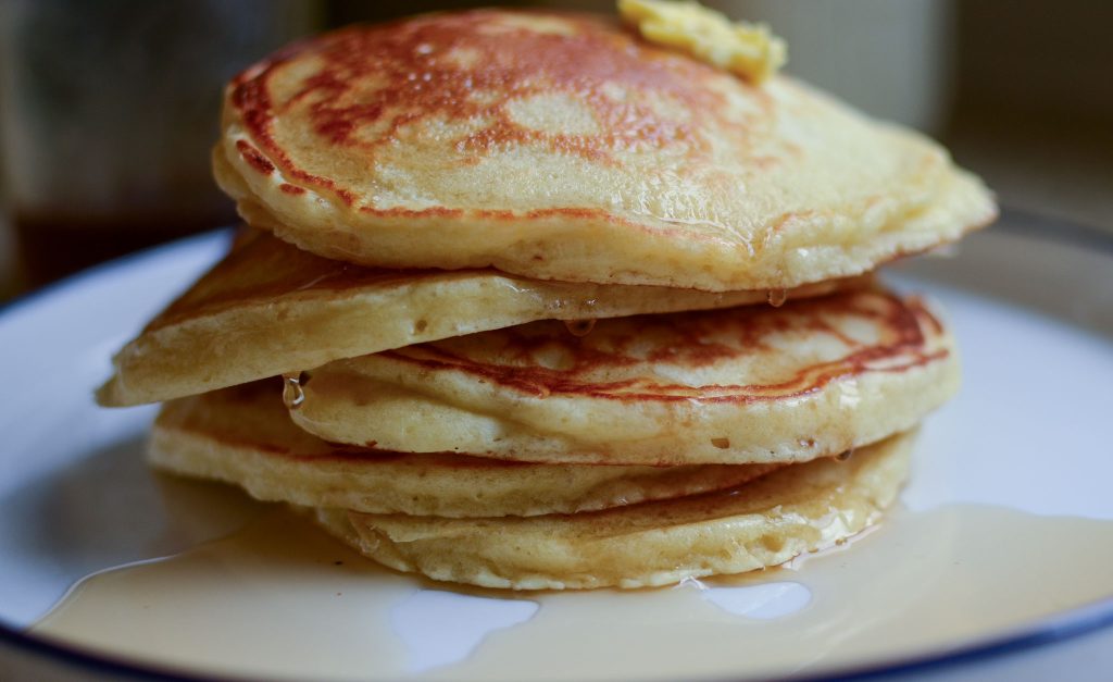 Sourdough discard pancakes with maple syrup and butter