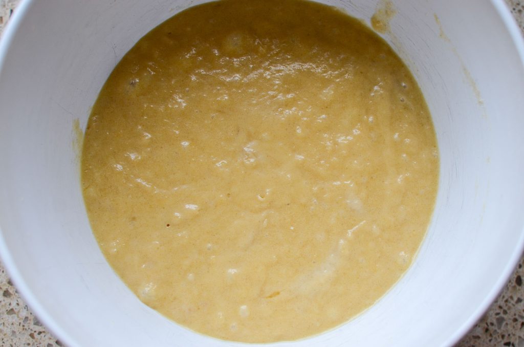 sourdough banana bread batter in bowl before bananas added