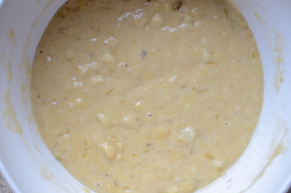 sourdough banana bread batter after mashed bananas added