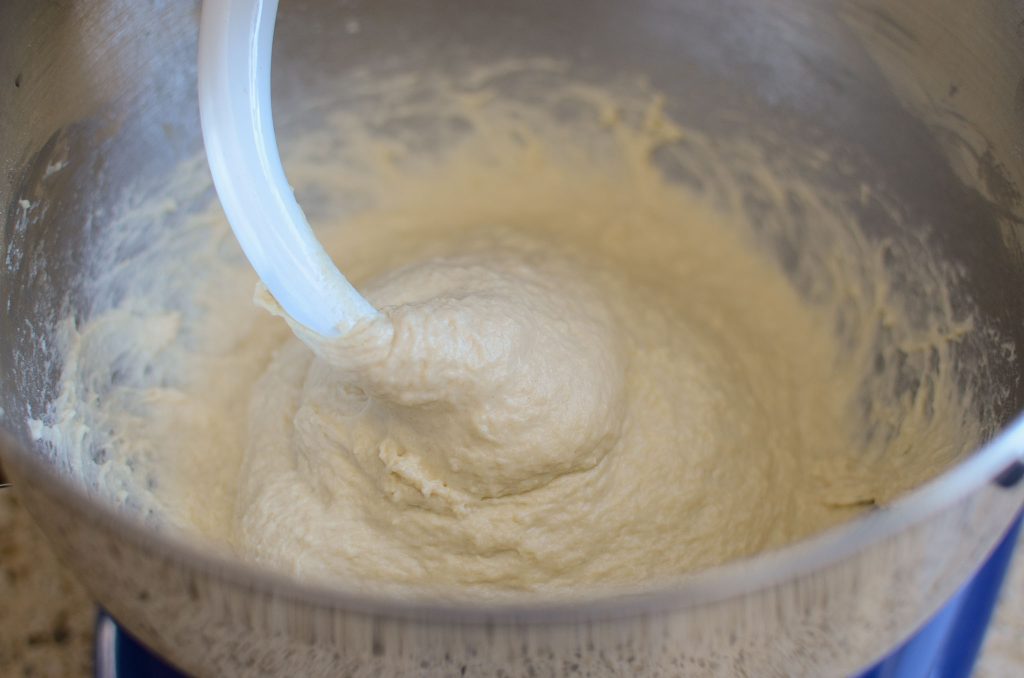 Sourdough English muffin dough mixed  with dough hook attachment in stainless steel bowl