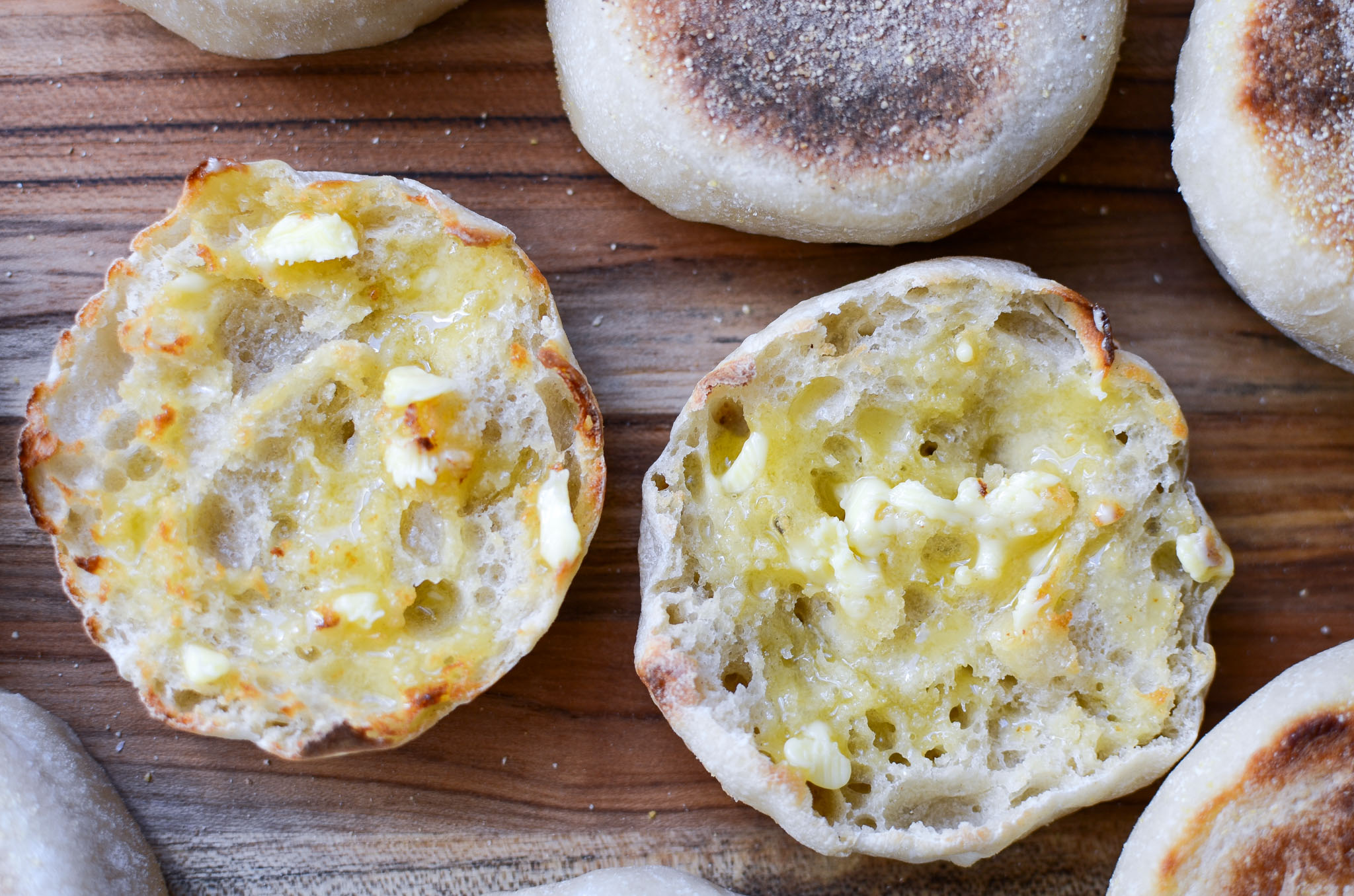 Toasted split sourdough English muffin with butter