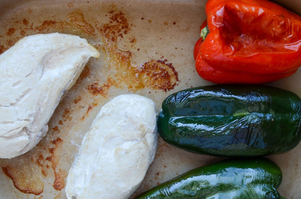 Roasted chicken breasts, roasted red pepper, and 2 poblano peppers.