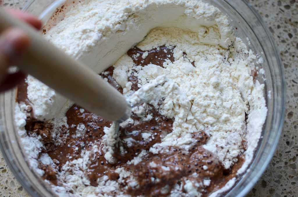 mixing dough ingredients with a danish dough whisk