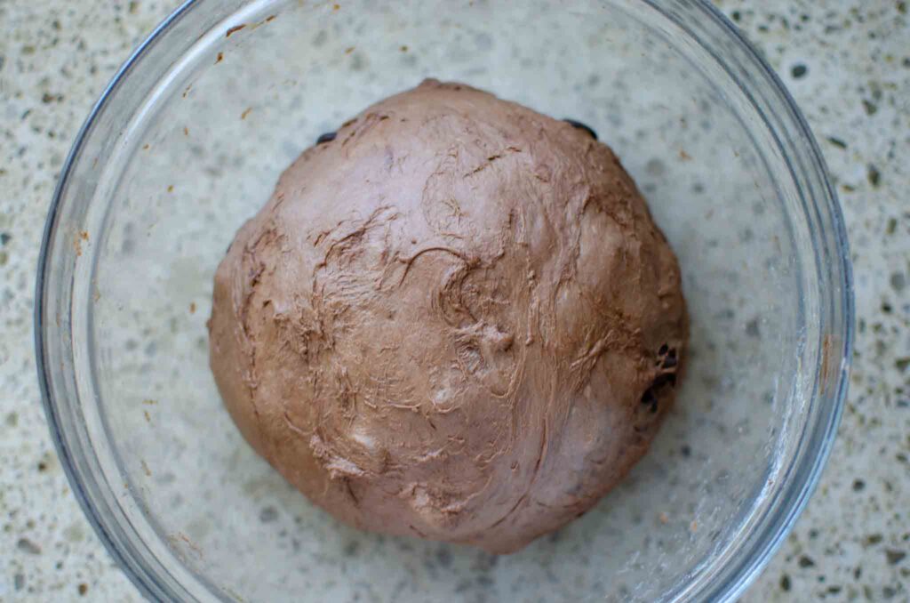 The chocolate sourdough bread dough in a ball in glass bowl