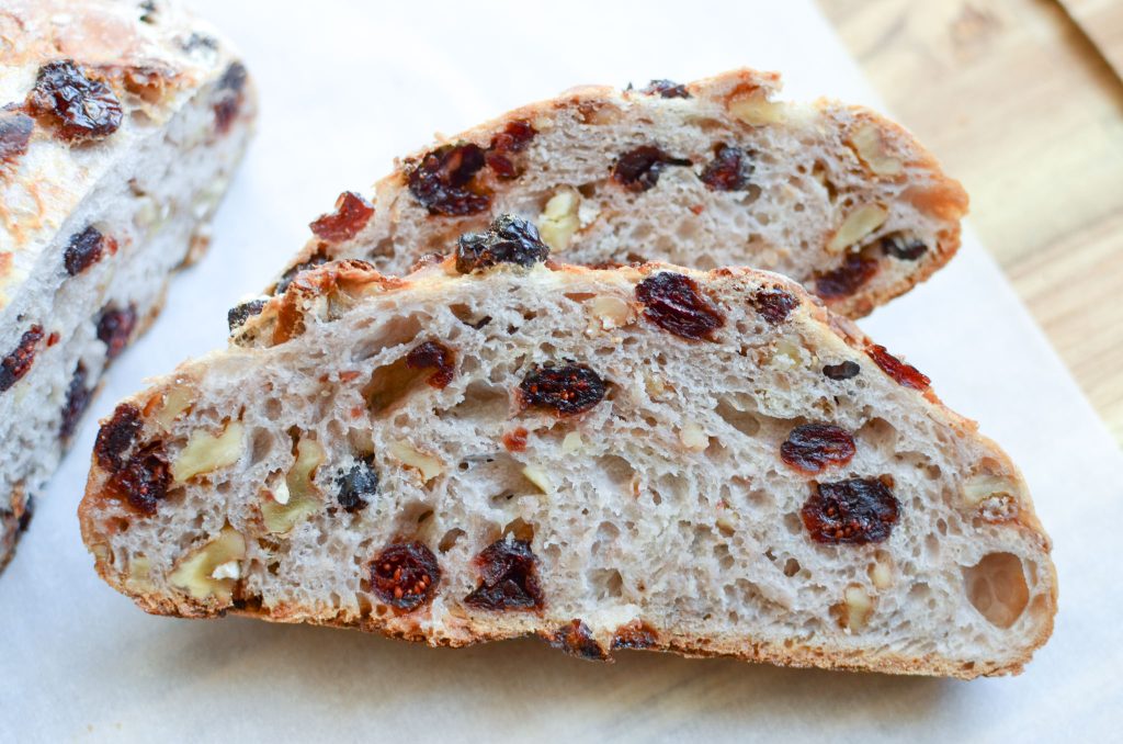 Two slices of cranberry walnut bread