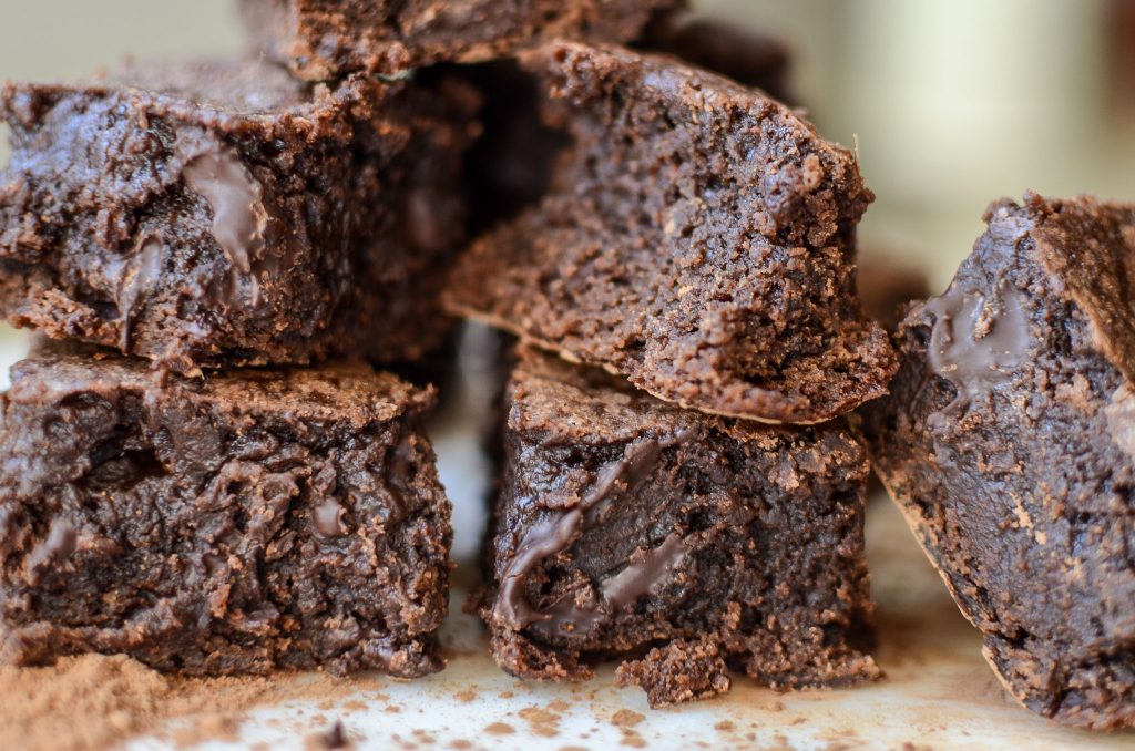 One-bowl fudgy sourdough brownies stacked