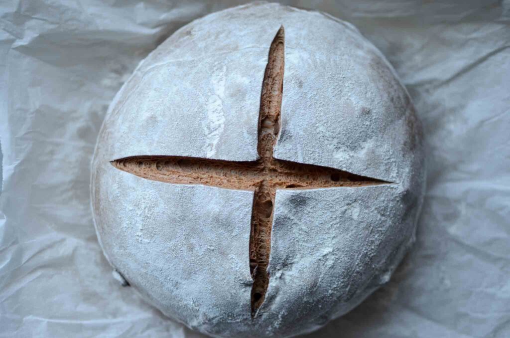 a floured loaf of chocolate sourdough bread loaf scored with an X