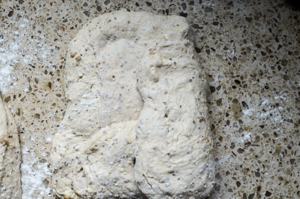 Folding the right side of the seeded multigrain sourdough bread dough over to the middle