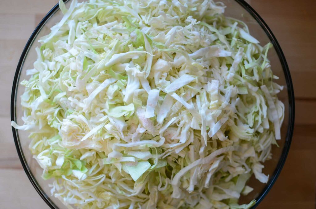 bowl of shredded cabbage sprinkled with salt