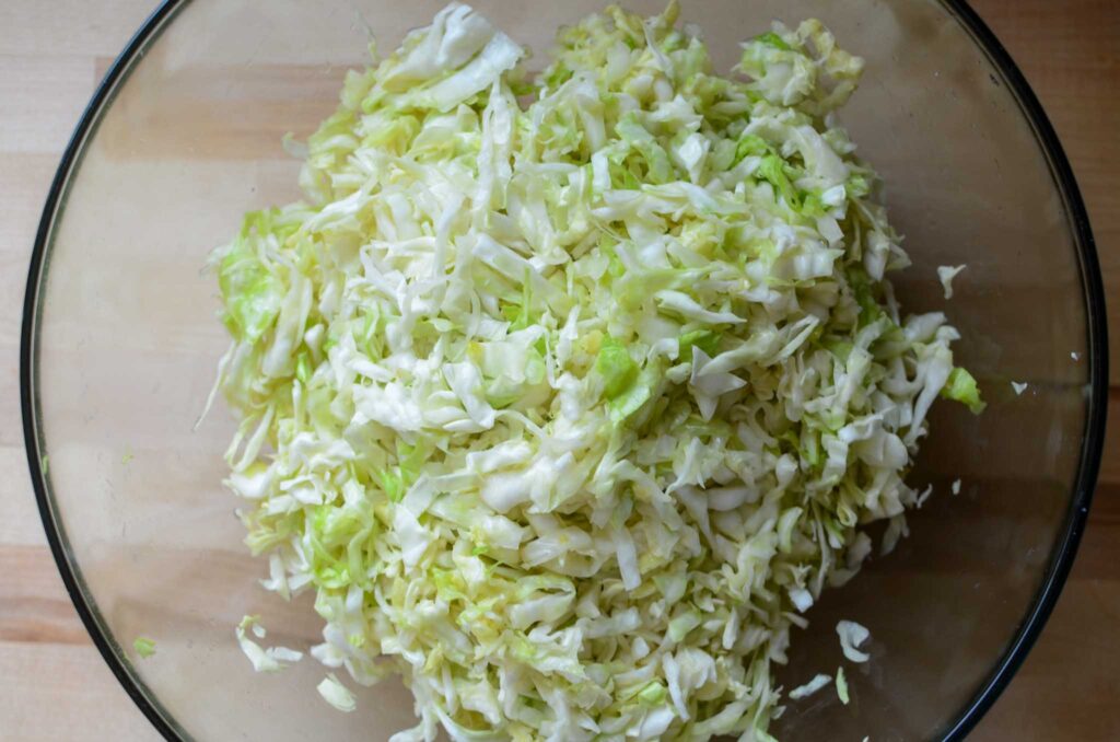 bowl of shredded cabbage wilted down