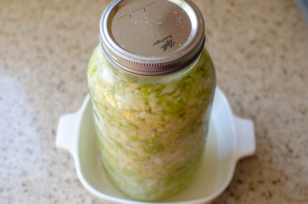 a mason jar of Probiotic Rich Homemade Fermented Sauerkraut in a dish to catch the liquid