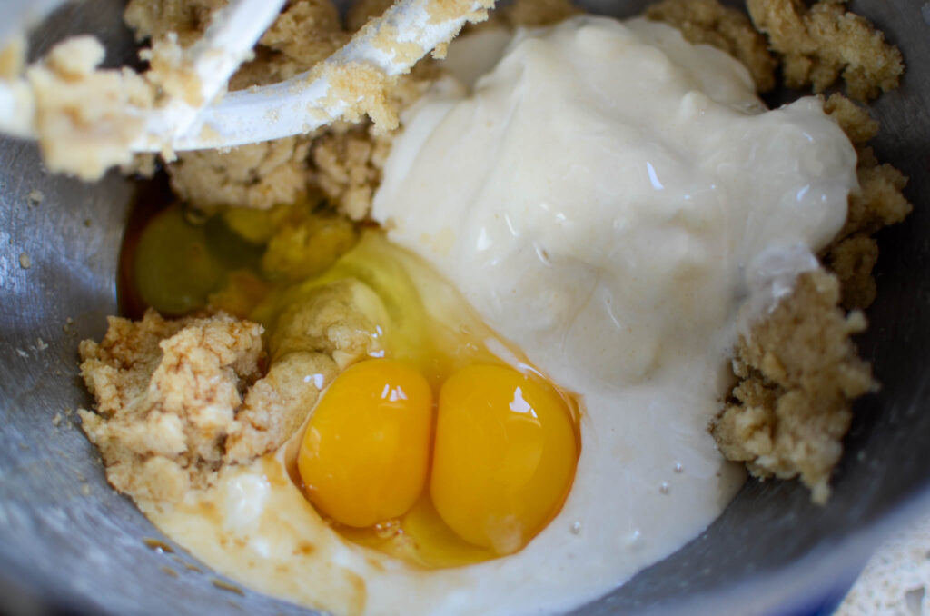 Butter, sugars, eggs, and sourdough discard mixed in stand mixer