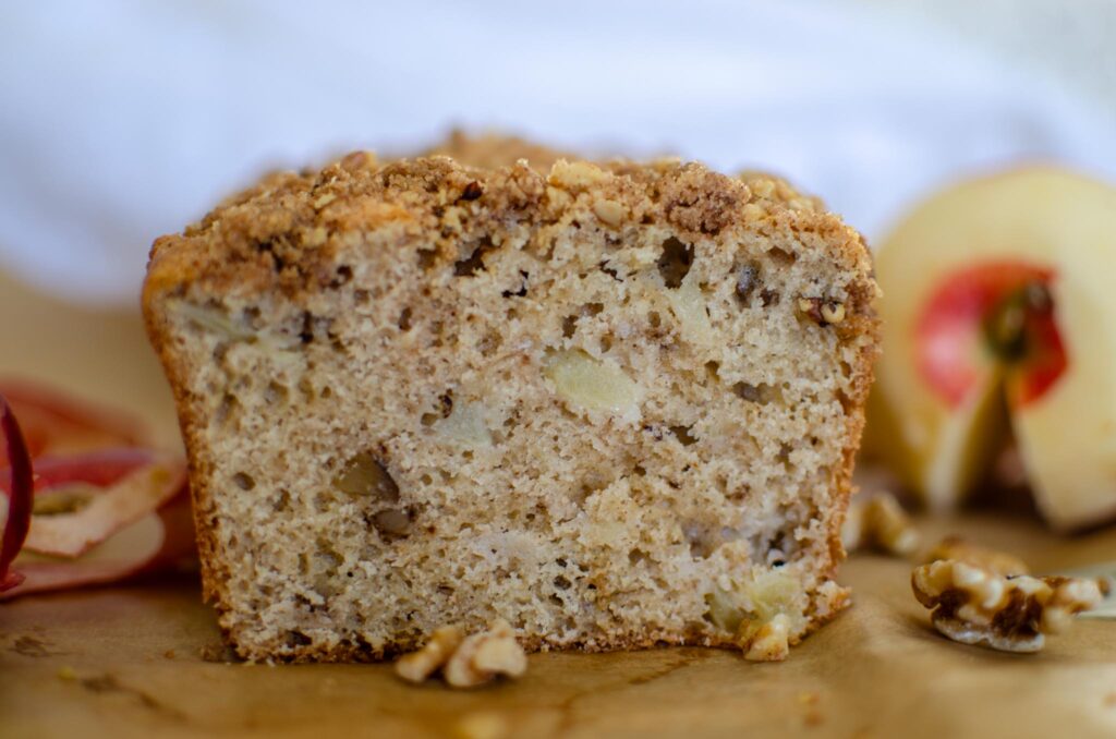 Discard apple walnut bread loaf cut in half