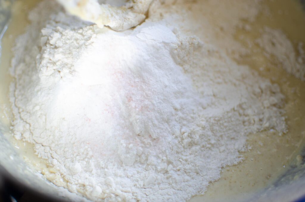 Adding dry ingredients to discard apple walnut bread load batter