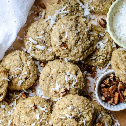 discard coconut pecan cookies piled high with shredded coconut and pecans