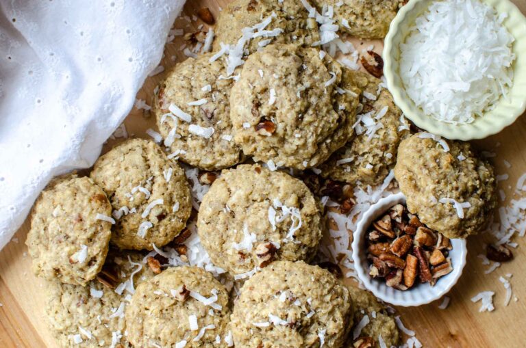 discard coconut pecan cookies piled high with shredded coconut and pecans