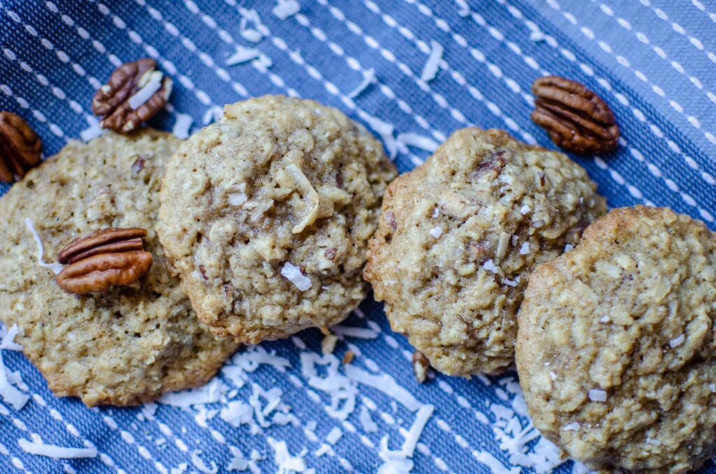 discard coconut pecan cookies on blue towel