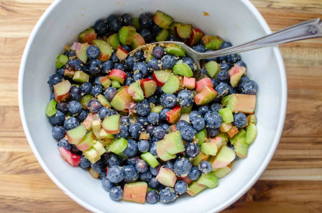 blueberries and rhubarb in white bowl with brown sugar and lemon juice