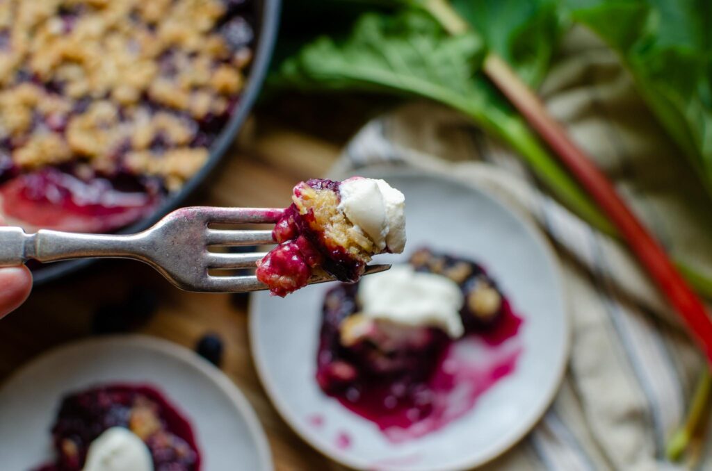 a forkful of easy blueberry rhubarb crisp