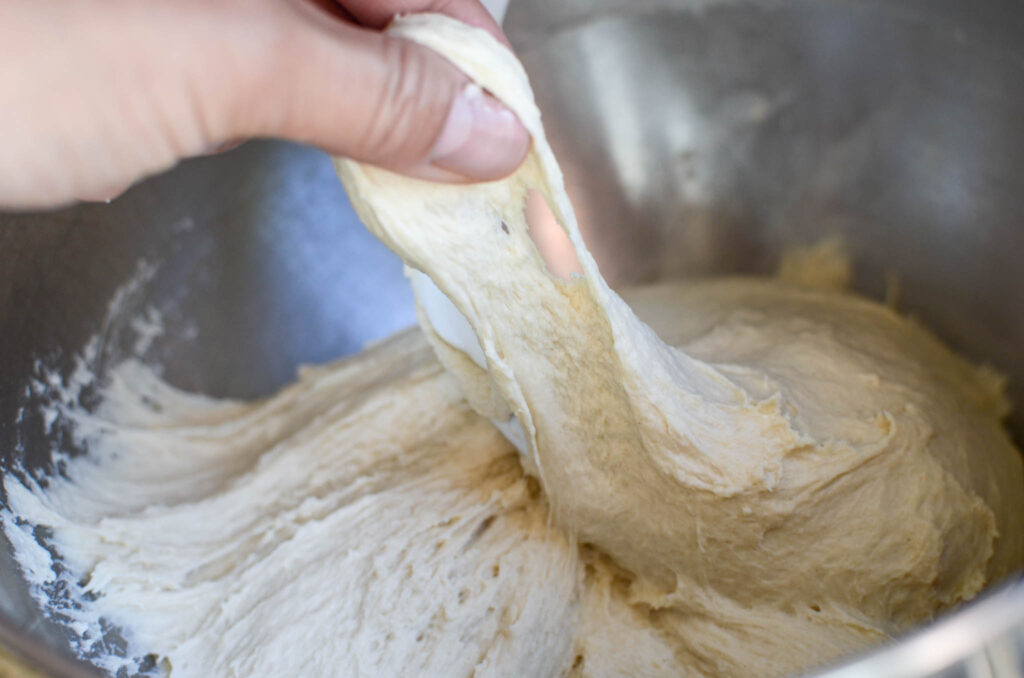 sourdough pizza dough looking shaggy when stretched