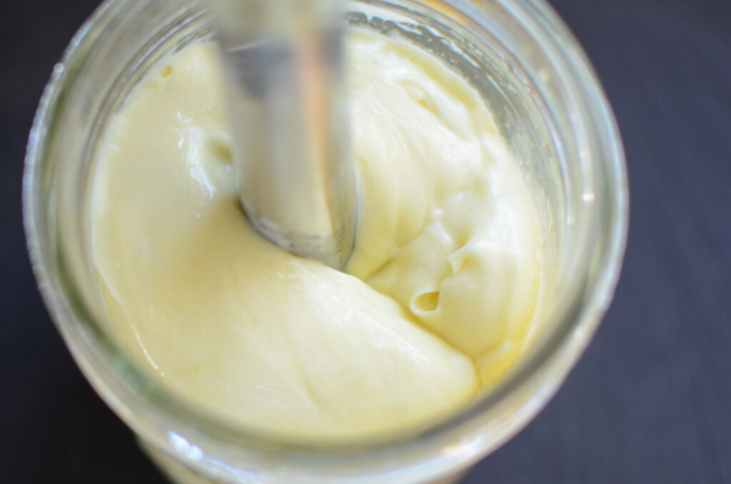 no sugar homemade mayo ingredients in a mason jar finish blending