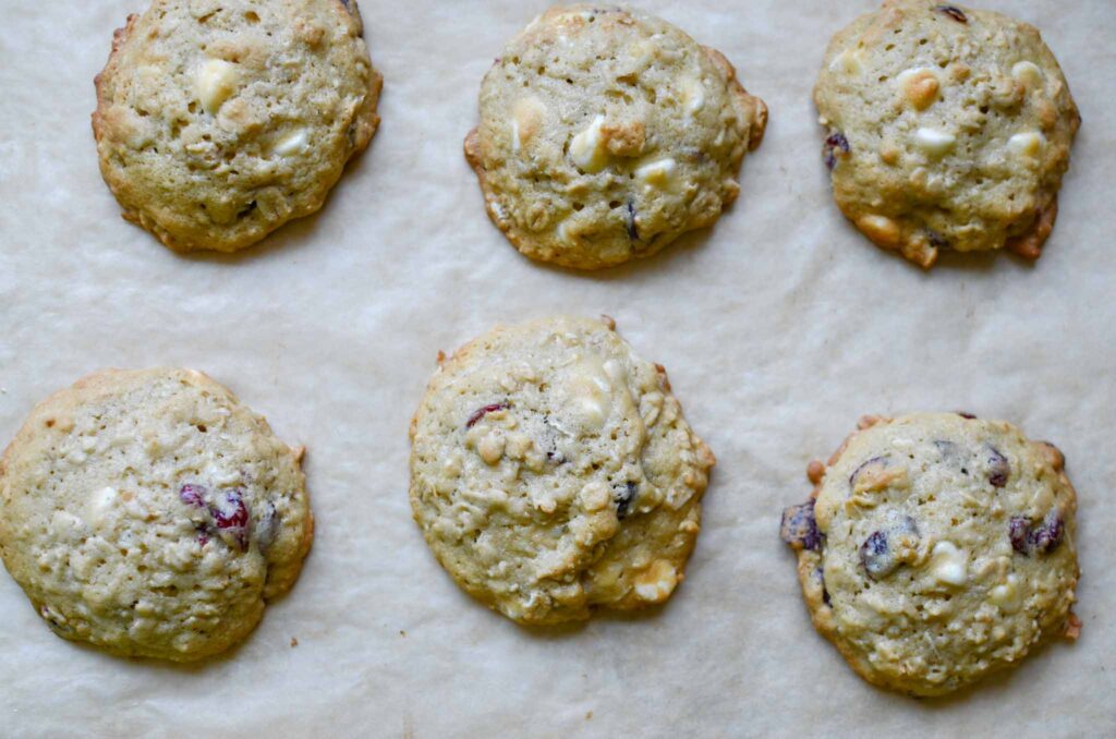 baked sourdough white chocolate cranberry oatmeal cookies