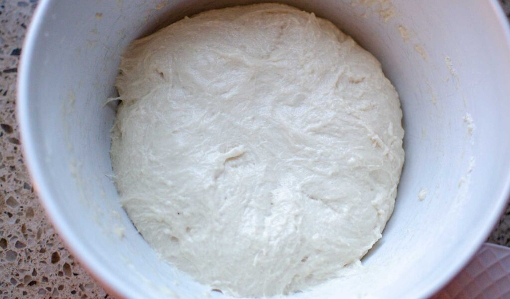 sourdough cinnamon roll focaccia dough before bulk ferment