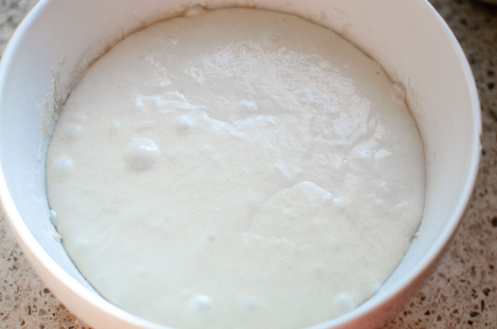 sourdough cinnamon roll focaccia dough after bulk ferment