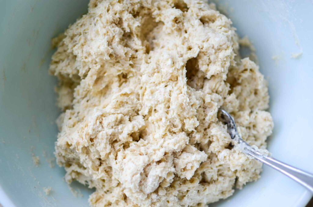 sourdough oatmeal dinner rolls dough in bowl