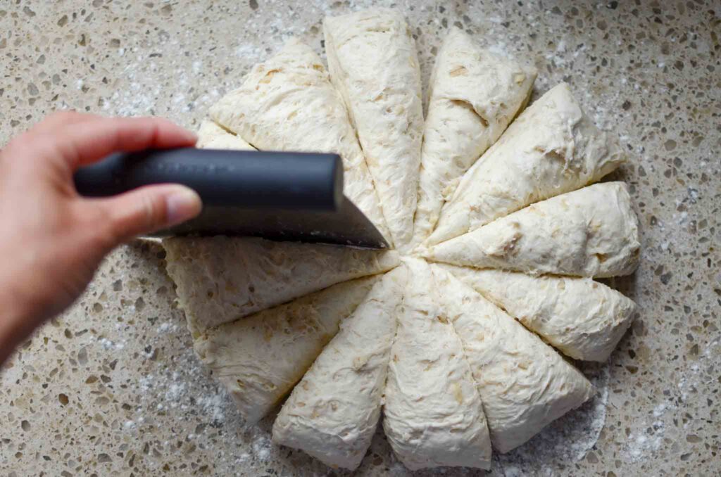 using bench scraper to divide sourdough oatmeal dinner rolls dough