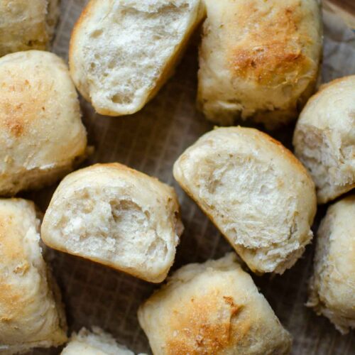 Sourdough oatmeal dinner rolls on a piece of parchment paper