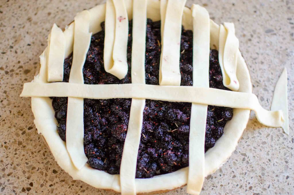 Laying perpendicular strip of pie crust dough to create lattice top