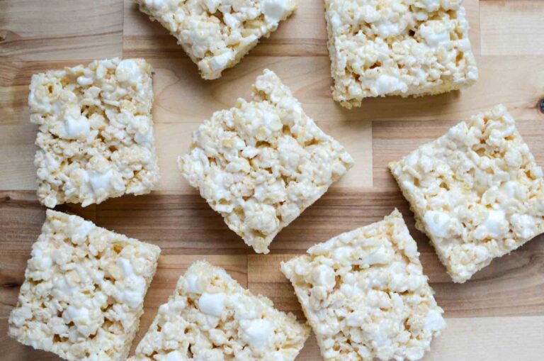 Rice krispies treats cut into squares