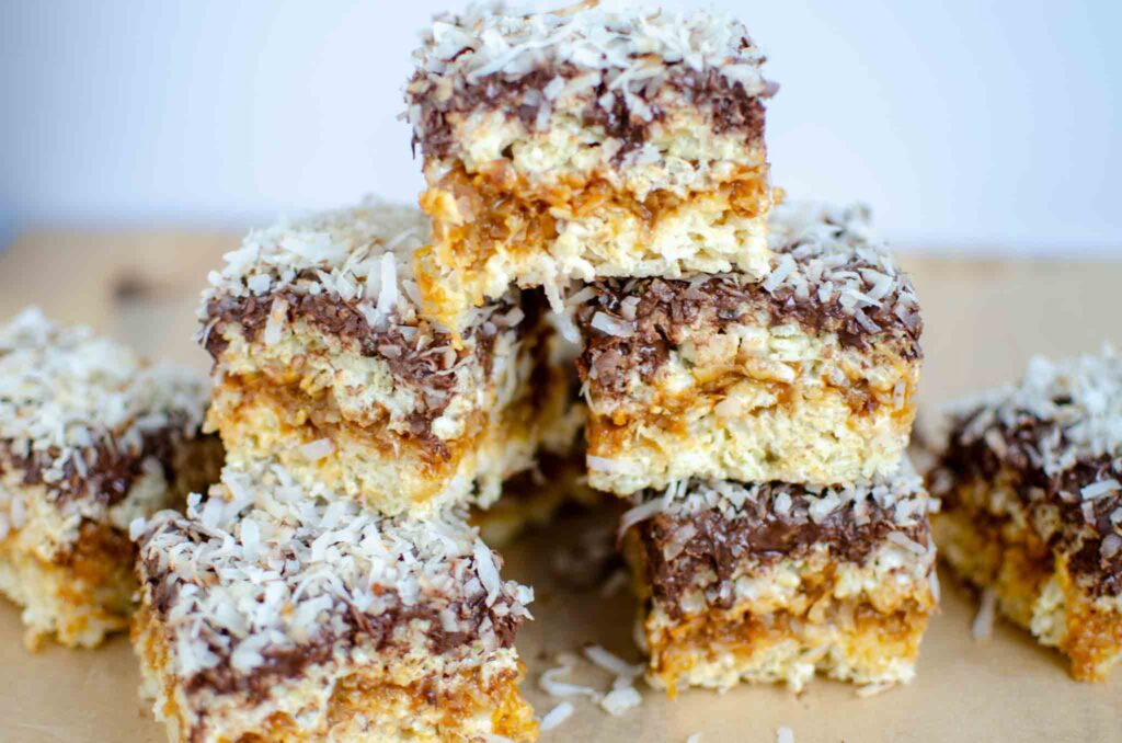 samoa rice krispie treats stacked