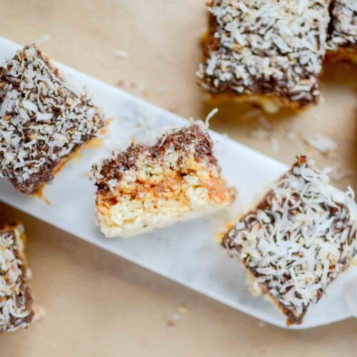 Coconut Caramel Rice Crispy Treat - Samoa Treats on a marble tray