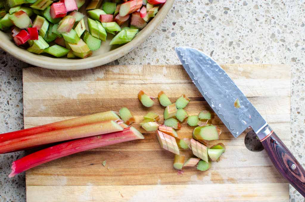 cutting rhubarb stalks into 1 inch pieces