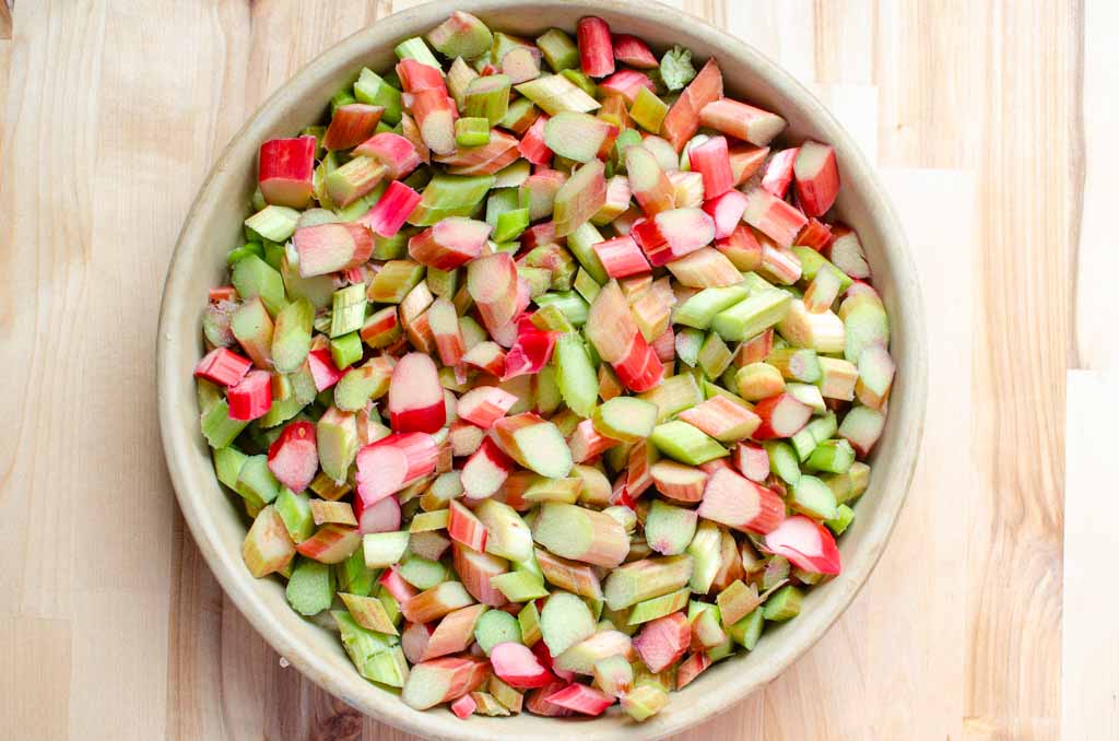 cut rhubarb pieces in round baking dish