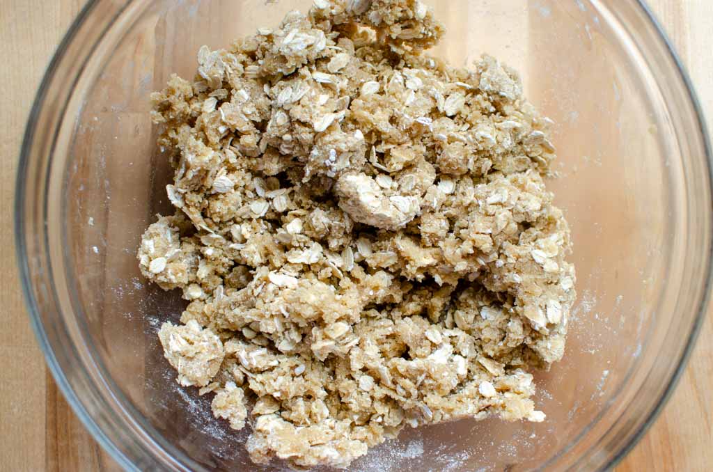 rhubarb crisp topping combined in glass bowl