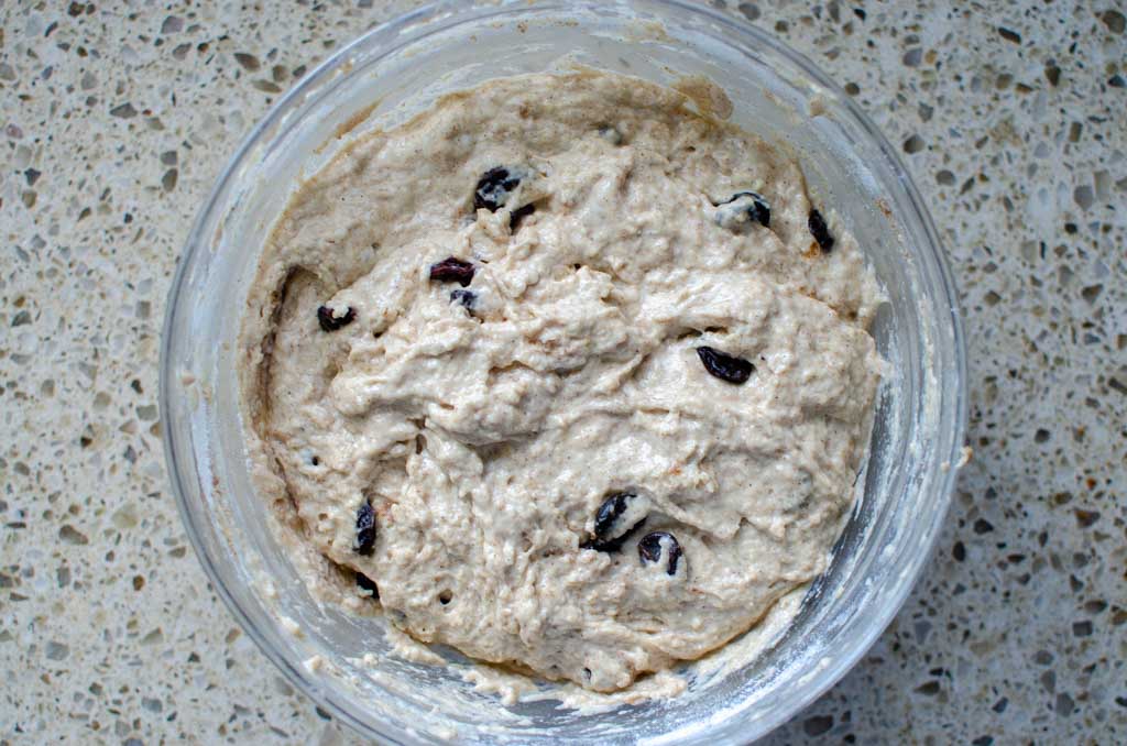 sourdough English muffin dough mixed in bowl