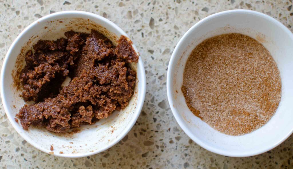 cinnamon and sugar mixture in a small bowl and crumble topping in separate bowl