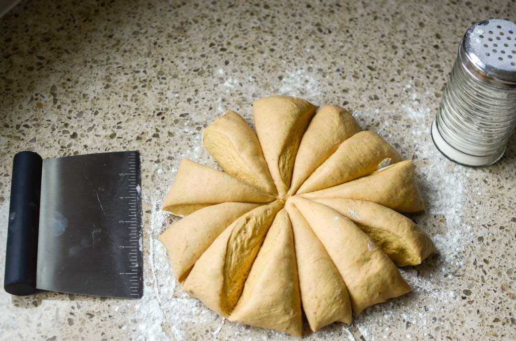 dividing sourdough pumpkin bagel dough with a bench scraper tool