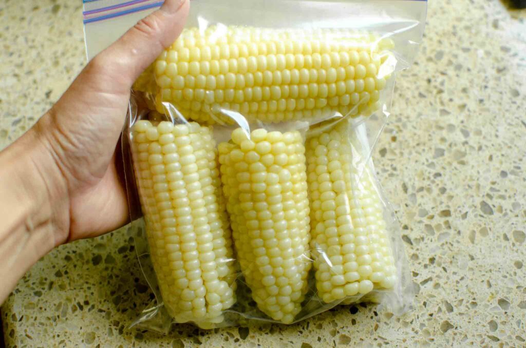 A bag of blanched corn cobs